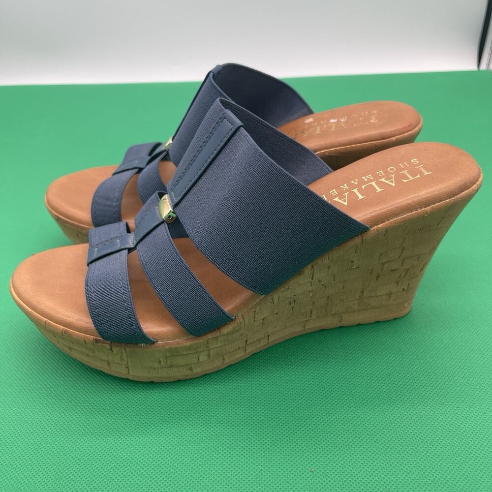 Italian Shoemakers Navy Blue Elastic Wedge Sandals Cork Heel Slides Women’s 8.5